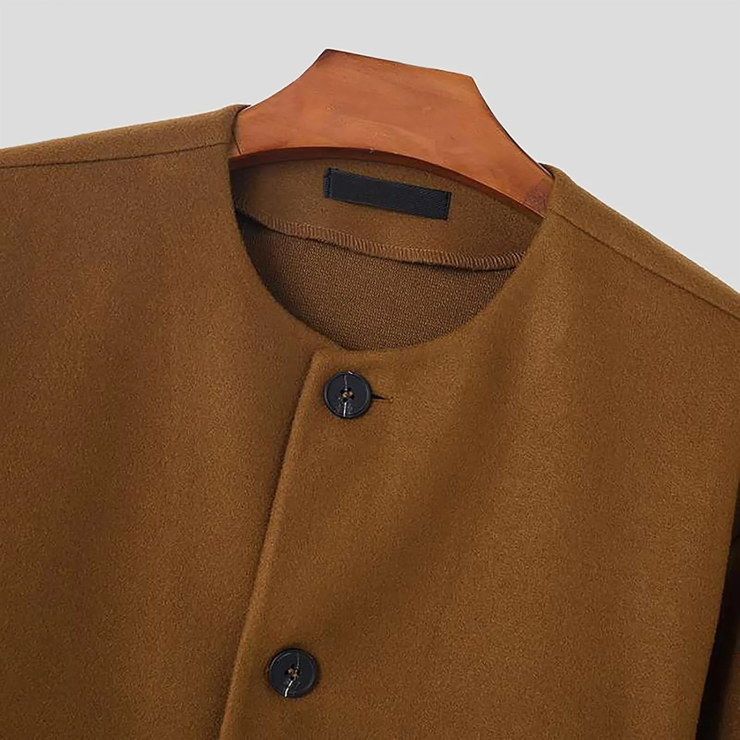 Cropped Trench Coat for Men Wool Blend Winter Jacket Fashion Crewneck Collarless Button Down Jackets with Pockets