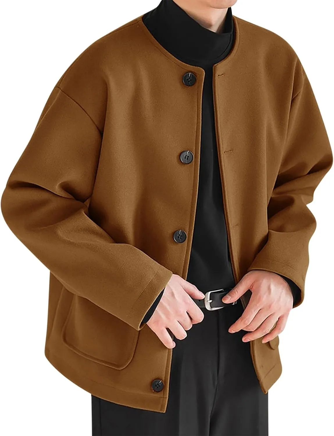 Cropped Trench Coat for Men Wool Blend Winter Jacket Fashion Crewneck Collarless Button Down Jackets with Pockets