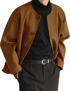 Cropped Trench Coat for Men Wool Blend Winter Jacket Fashion Crewneck Collarless Button Down Jackets with Pockets