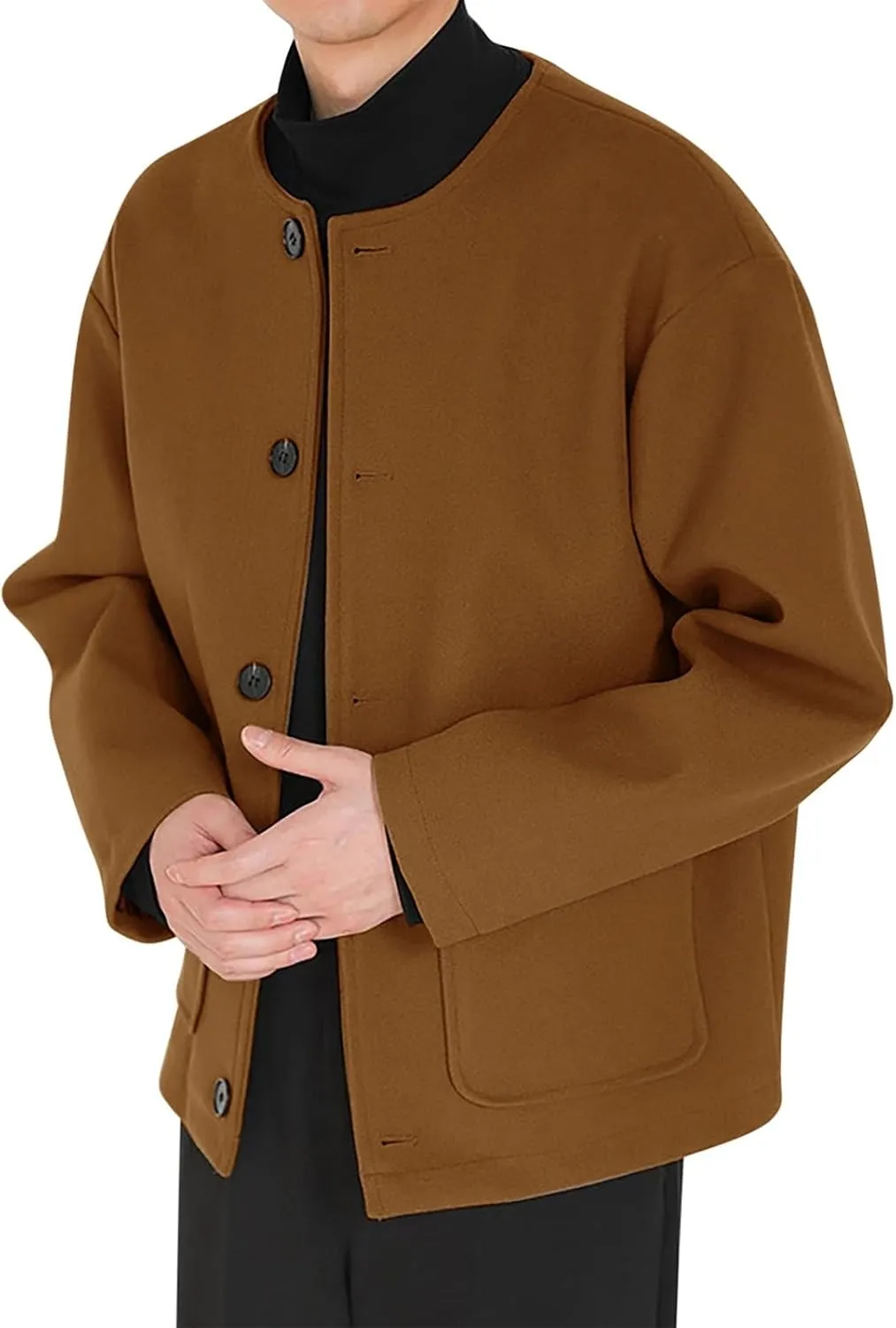 Cropped Trench Coat for Men Wool Blend Winter Jacket Fashion Crewneck Collarless Button Down Jackets with Pockets
