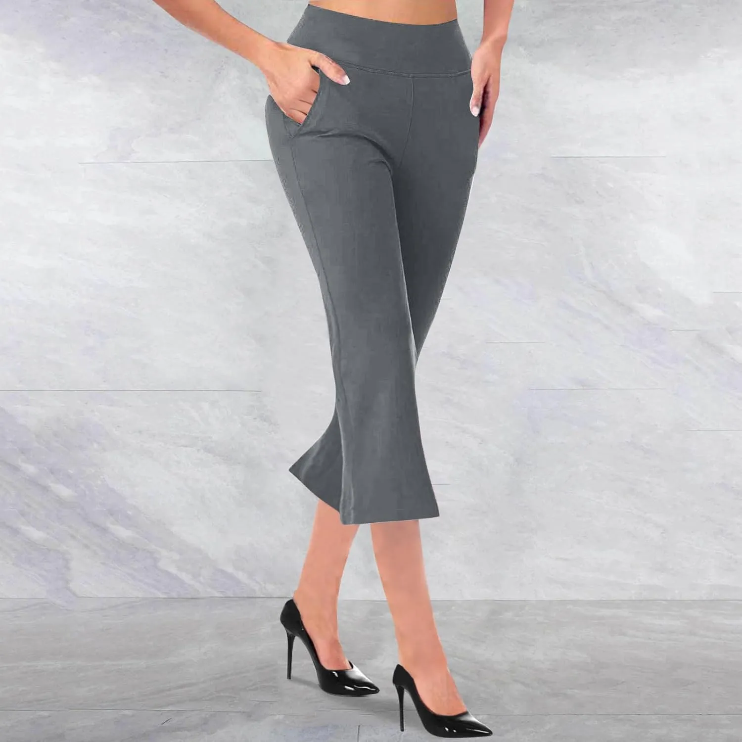 Cropped Trousers for Women Fashion Bell Bottom Pants High Elastic Waist Pants Comfy Pants Travel Pants with Pocket