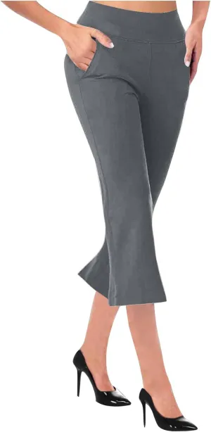 Cropped Trousers for Women Fashion Bell Bottom Pants High Elastic Waist Pants Comfy Pants Travel Pants with Pocket