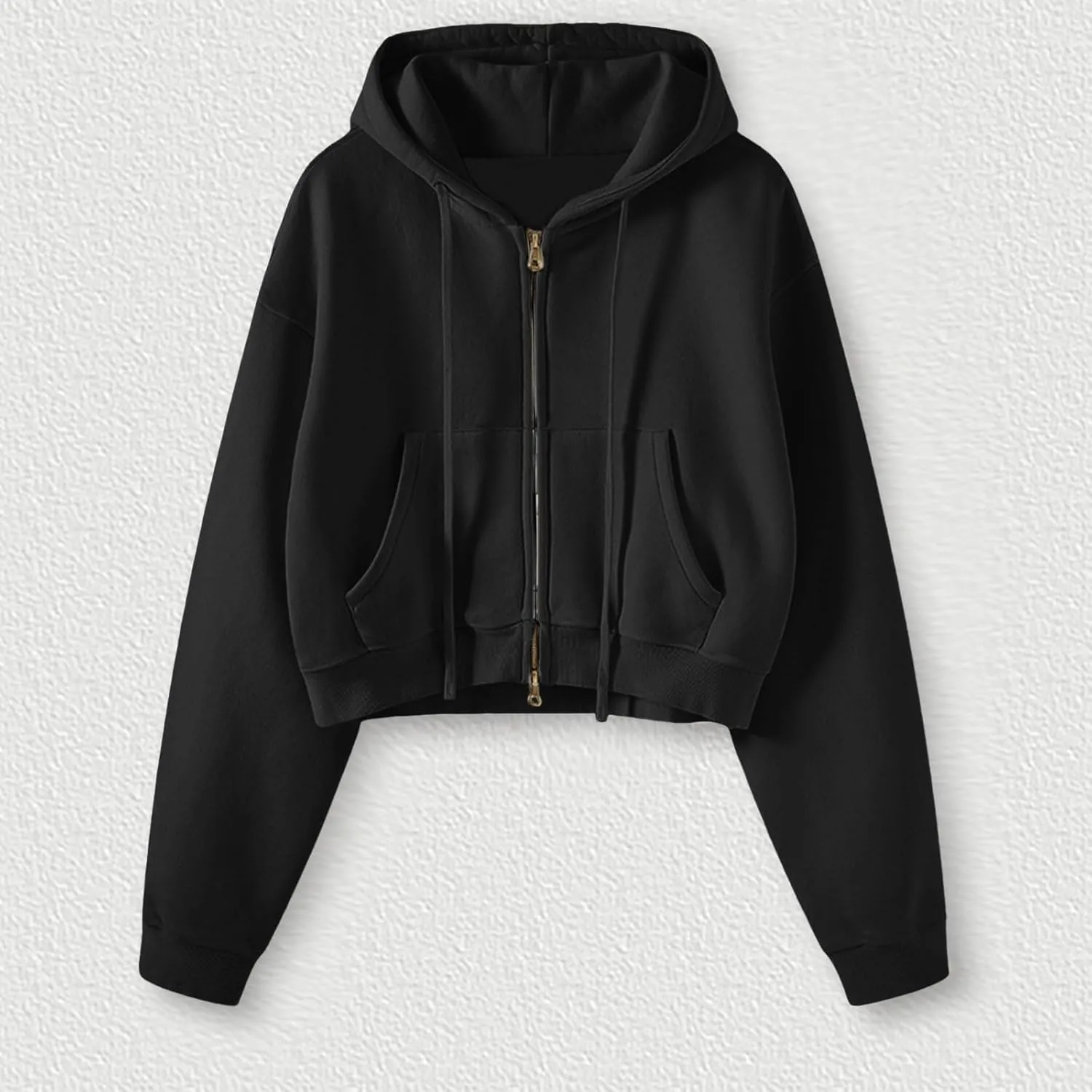 Cropped Zip Hoodie for Women Oversized Drawstring Jacket 2024 Fall Fashion Teens Long Sleeve Sweatshirt with Pocket