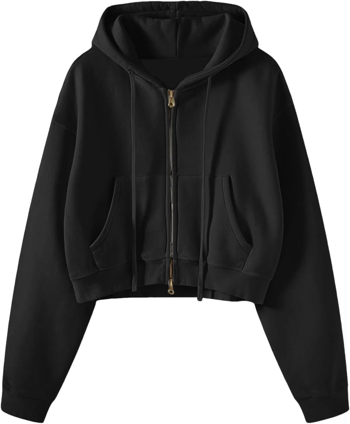 Cropped Zip Hoodie for Women Oversized Drawstring Jacket 2024 Fall Fashion Teens Long Sleeve Sweatshirt with Pocket