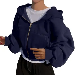 Cropped Zip Hoodie for Women Oversized Drawstring Jacket 2024 Fall Fashion Teens Long Sleeve Sweatshirt with Pocket