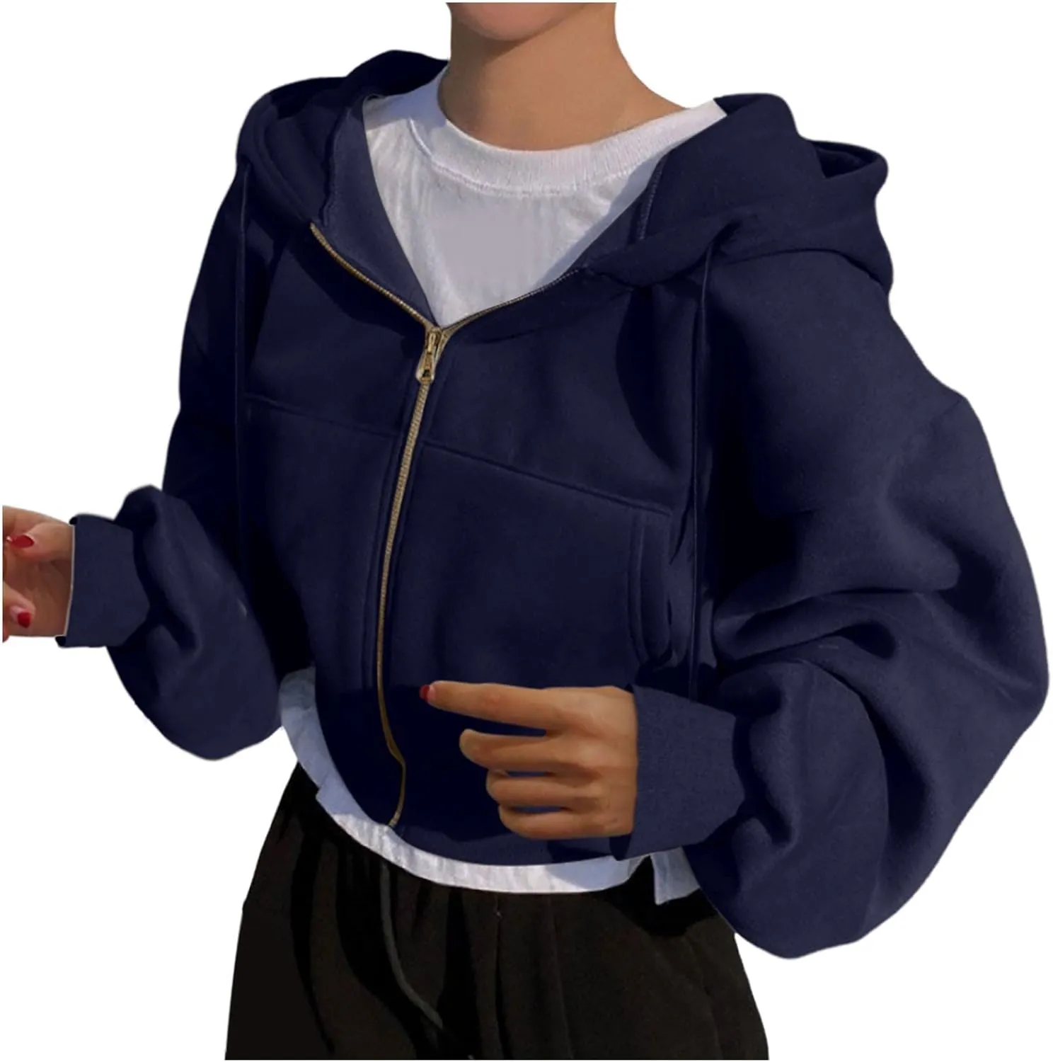 Cropped Zip Hoodie for Women Oversized Drawstring Jacket 2024 Fall Fashion Teens Long Sleeve Sweatshirt with Pocket