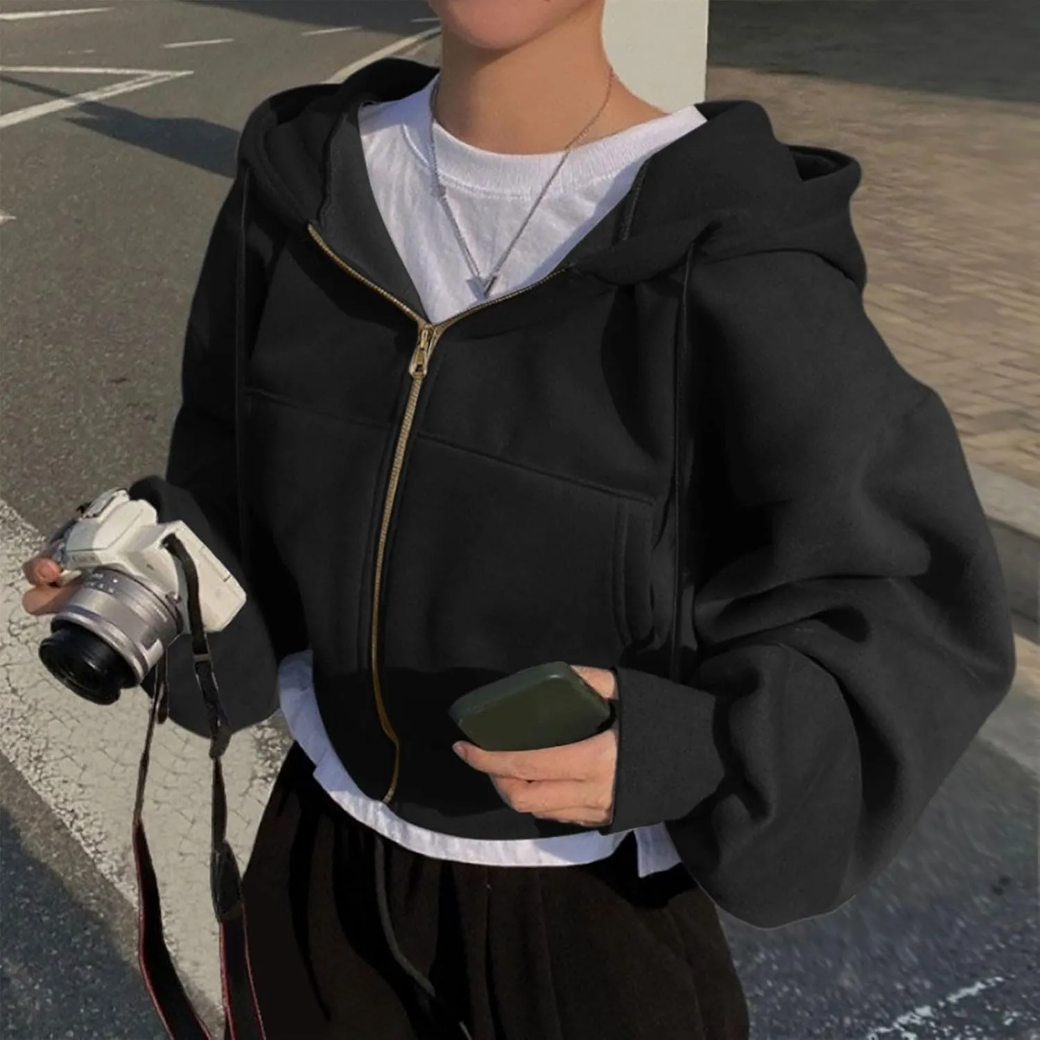 Cropped Zip Hoodie for Women Oversized Drawstring Jacket 2024 Fall Fashion Teens Long Sleeve Sweatshirt with Pocket
