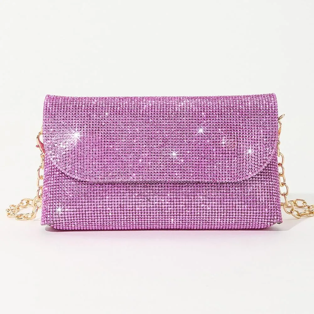 Crystals Envelope Rhinestone Clutch Purse Rubber Soles Drills Diamond Evening Shoulder Purses Wedding Party #2301-Rose Red