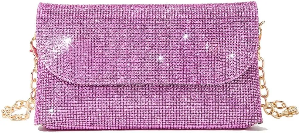 Crystals Envelope Rhinestone Clutch Purse Rubber Soles Drills Diamond Evening Shoulder Purses Wedding Party #2301-Rose Red