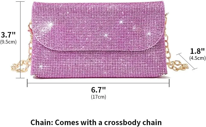 Crystals Envelope Rhinestone Clutch Purse Rubber Soles Drills Diamond Evening Shoulder Purses Wedding Party #2301-Rose Red