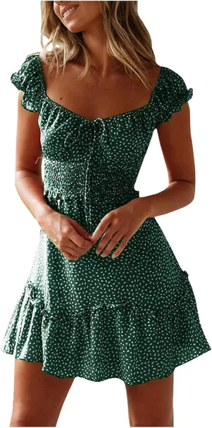 Cute Short Summer Dresses for Teens Sexy Ruffle Floral Sundresses Tie Front Pleated Boho Mini Smocked Dress