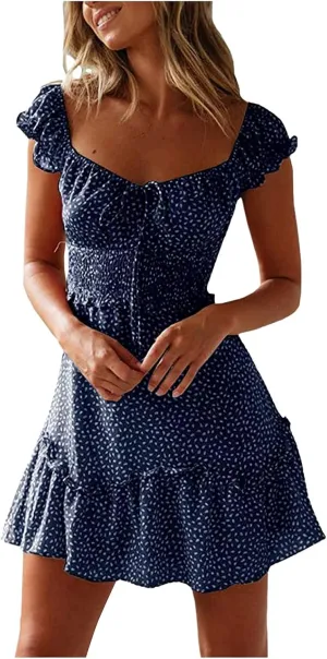 Cute Short Summer Dresses for Teens Sexy Ruffle Floral Sundresses Tie Front Pleated Boho Mini Smocked Dress
