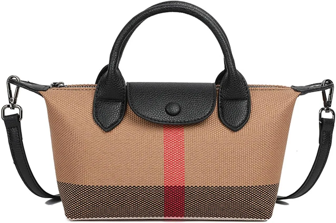 Deluxe Small Size Women's Check Tote Leather and Canvas Contrast Top Handle Mini Waist Bag Everyday Crossbody Bag