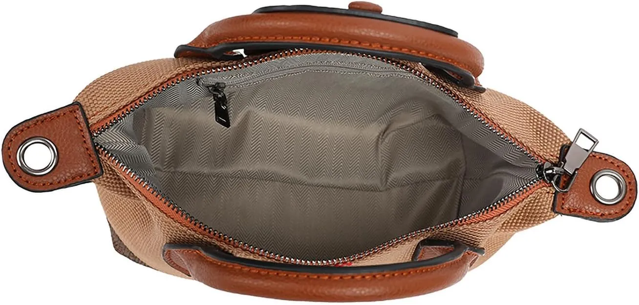 Deluxe Small Size Women's Check Tote Leather and Canvas Contrast Top Handle Mini Waist Bag Everyday Crossbody Bag