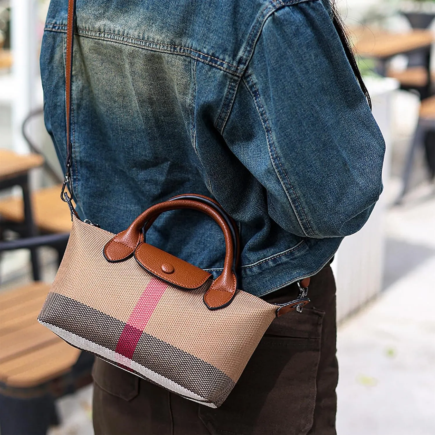 Deluxe Small Size Women's Check Tote Leather and Canvas Contrast Top Handle Mini Waist Bag Everyday Crossbody Bag