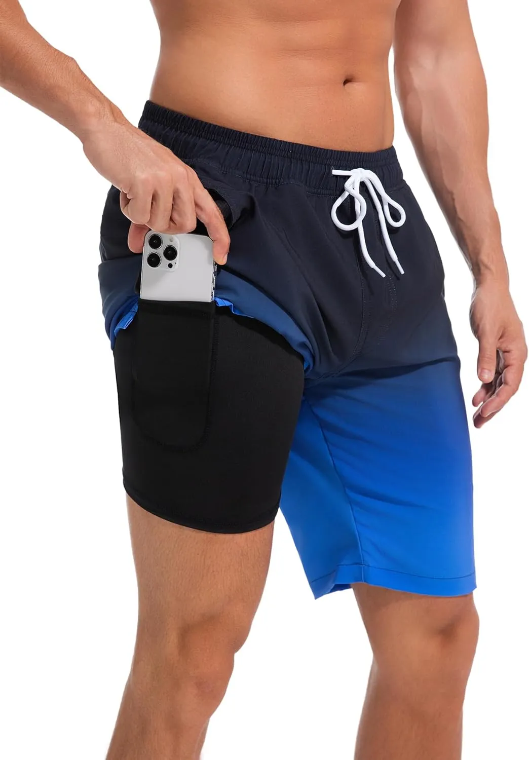 difficort Mens Swim Trunks Quick Dry Bathing Suit 9 inch Inseam Board Shorts with Compression Liner and Zipper Pocket