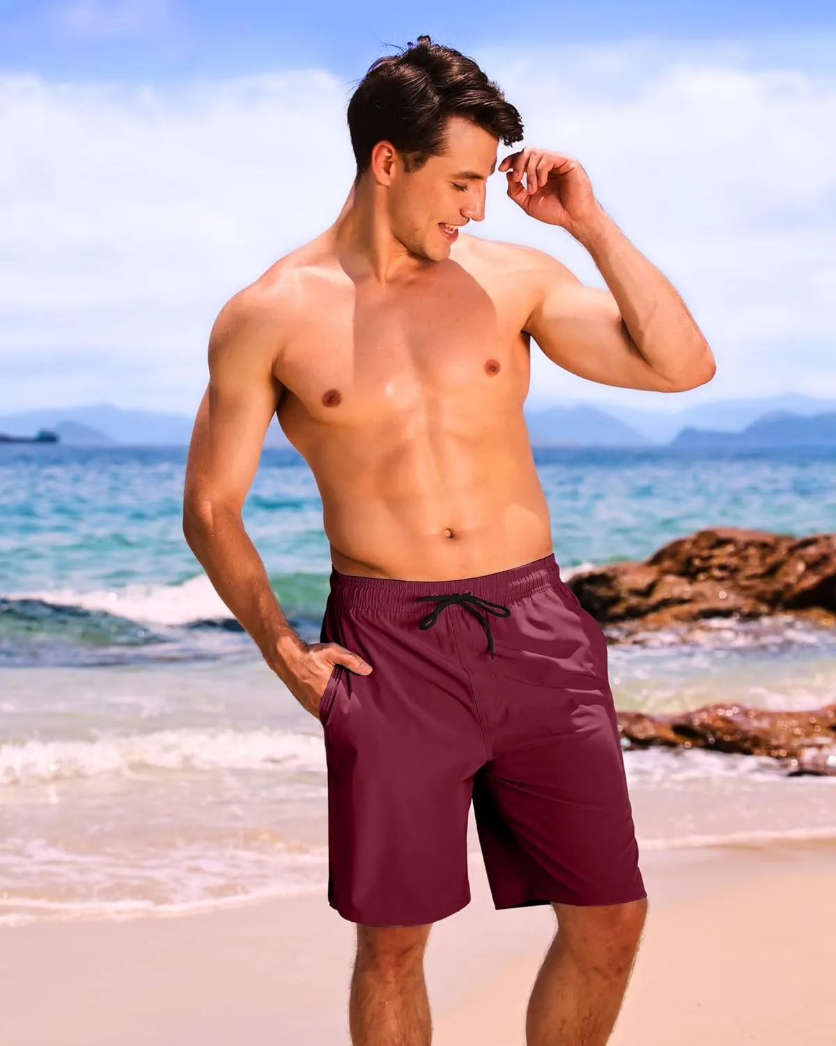 difficort Mens Swim Trunks Quick Dry Bathing Suit 9 inch Inseam Board Shorts with Compression Liner and Zipper Pocket