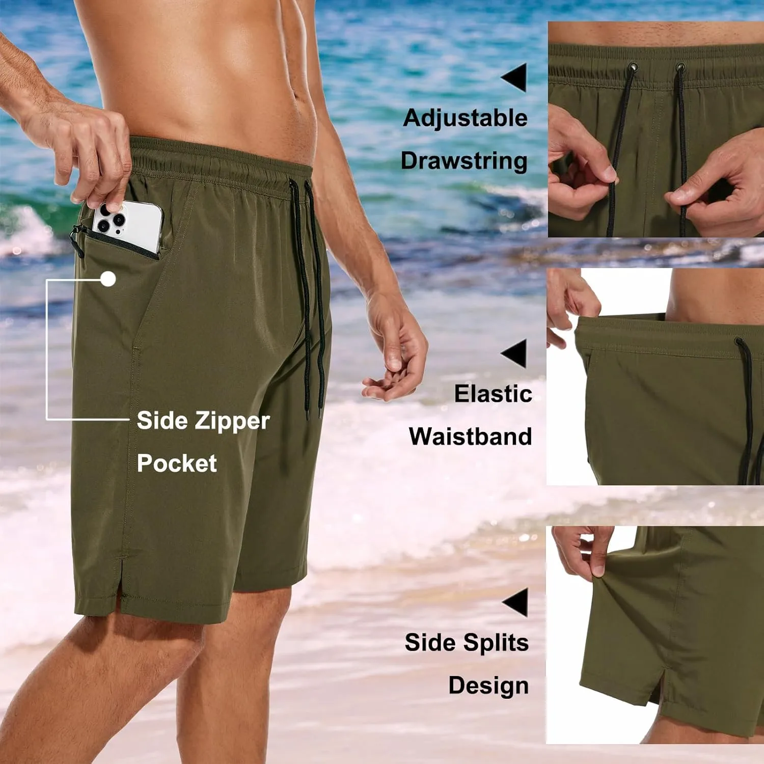 difficort Mens Swim Trunks Quick Dry Bathing Suit 9 inch Inseam Board Shorts with Compression Liner and Zipper Pocket