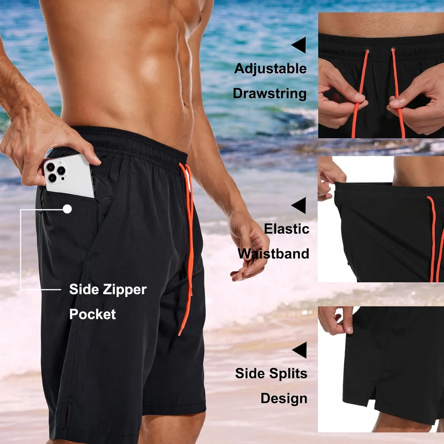 difficort Mens Swim Trunks Quick Dry Bathing Suit 9 inch Inseam Board Shorts with Compression Liner and Zipper Pocket