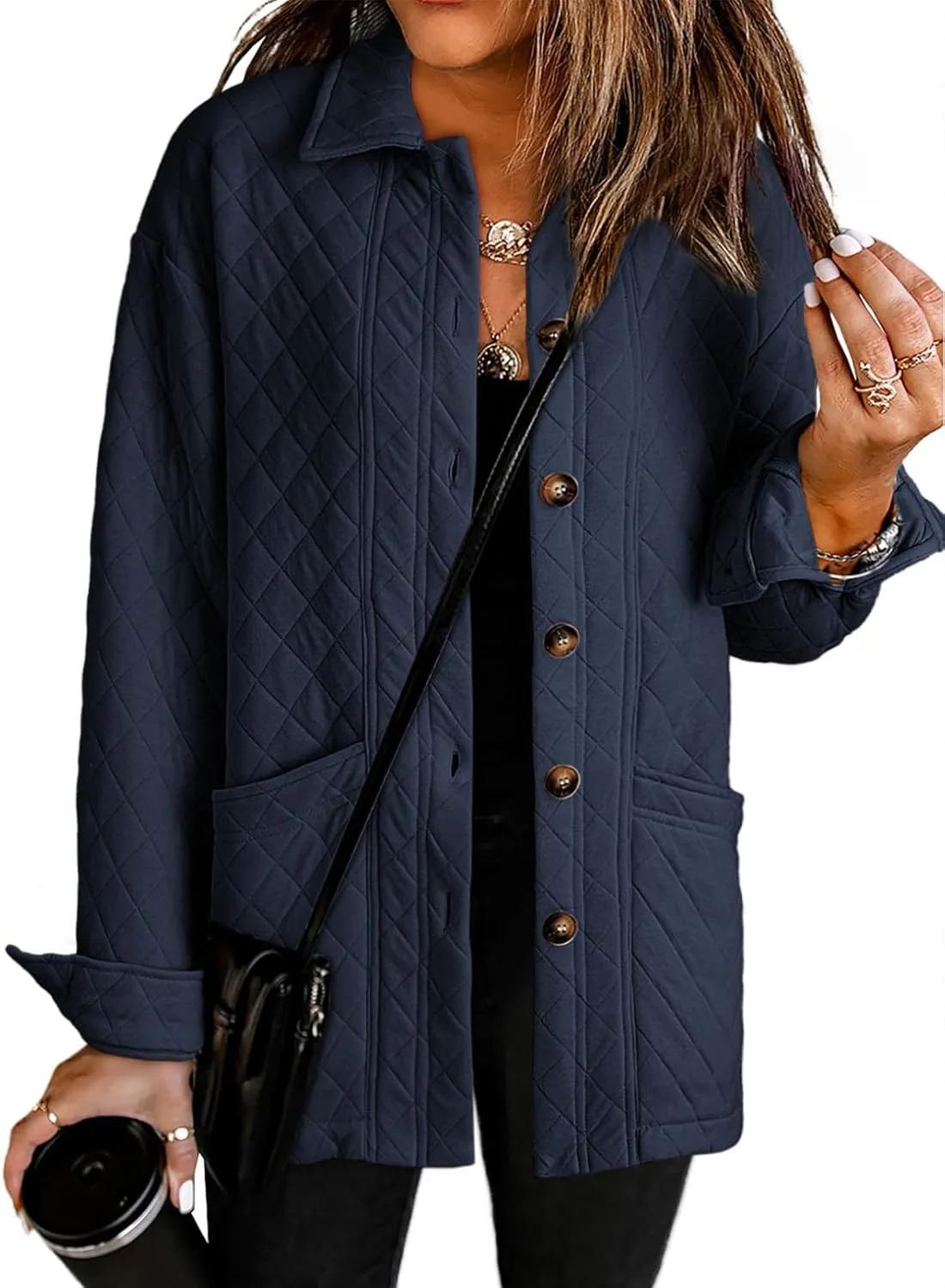 Dokotoo Casual Quilted Jackets for Women Button Down Collared Long Sleeve Shirts Spring Jackets with Pockets 2025