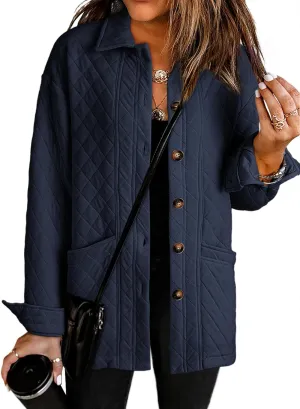 Dokotoo Casual Quilted Jackets for Women Button Down Collared Long Sleeve Shirts Spring Jackets with Pockets 2025