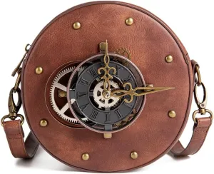 Downupdown Fashion Crossbody Bag for Women Vintage Satchel Bag Circular Purse Shoulder Bag 3D Clock&Rivets Bag