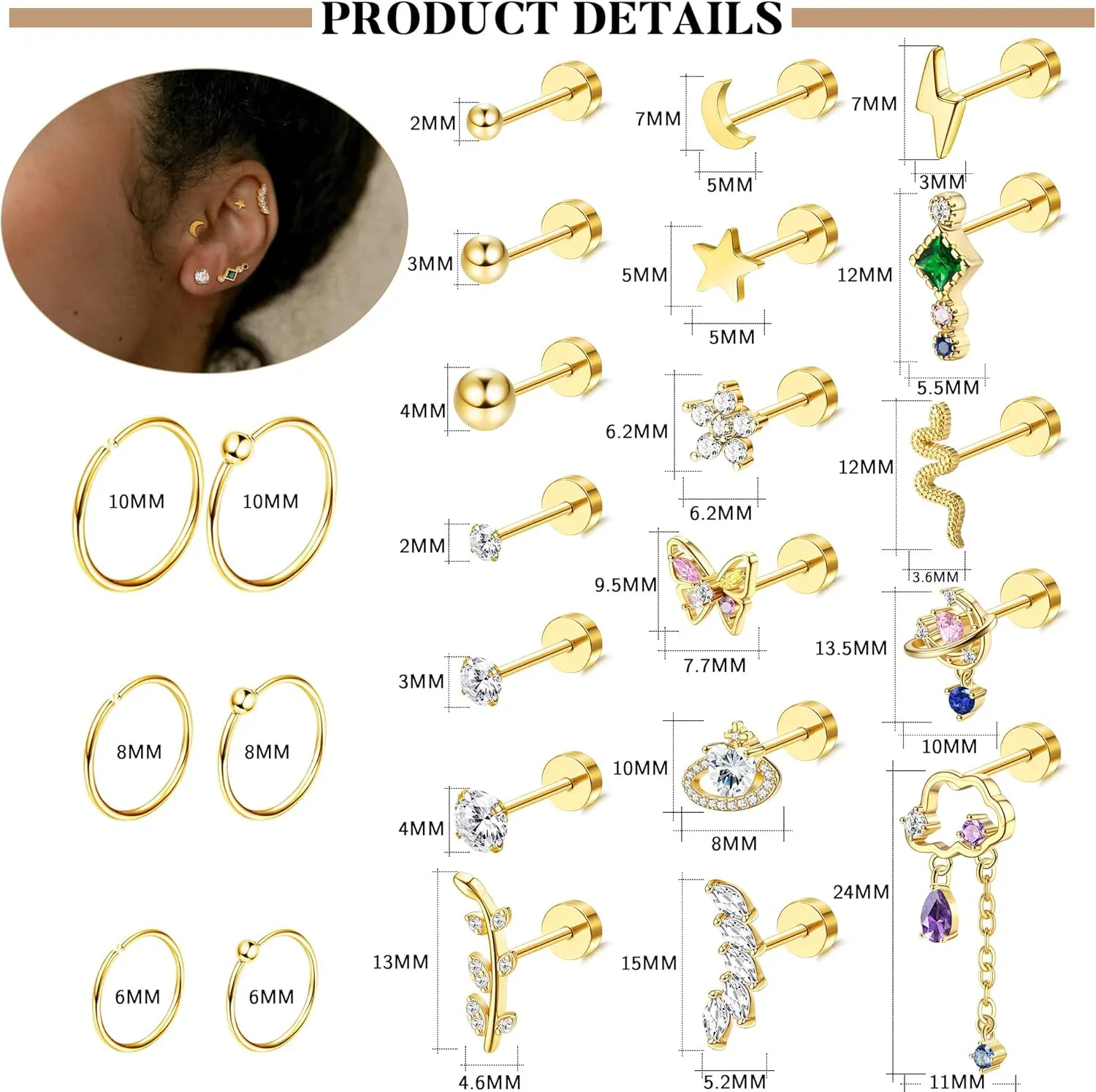 Drperfect 24PCS 20G Cartilage Earring Stainless Steel Stud Earrings For Women Gold Silve CZ Stud Earrings Flower Leaf Screw Flat Back Earrings Tragus Helix Couch Piercing Jewelry