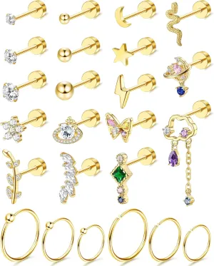 Drperfect 24PCS 20G Cartilage Earring Stainless Steel Stud Earrings For Women Gold Silve CZ Stud Earrings Flower Leaf Screw Flat Back Earrings Tragus Helix Couch Piercing Jewelry