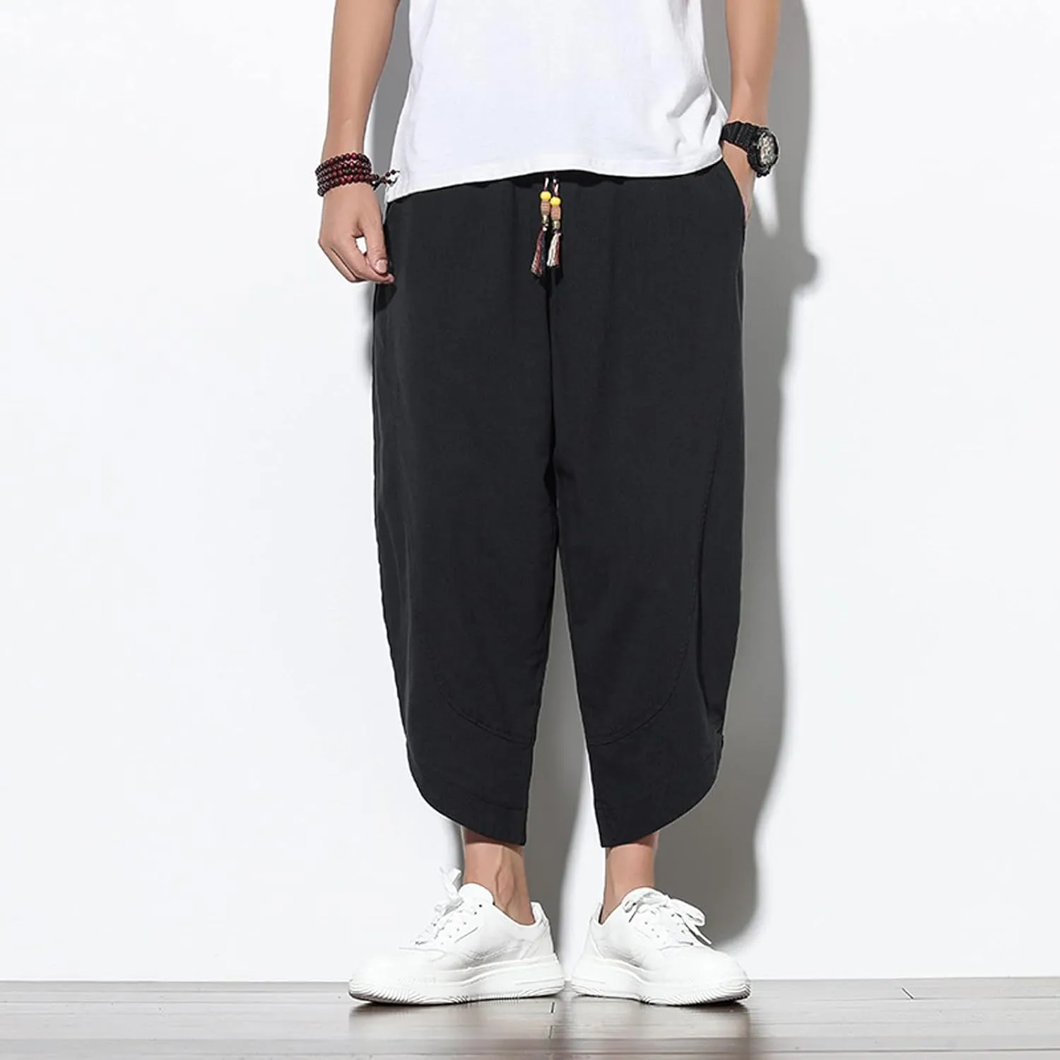Dudubaby Men Casual Pants Mens Baggy Pants Drawstring Cotton Linen Wide Leg Yoga Pants Solid Color Baggy Pants