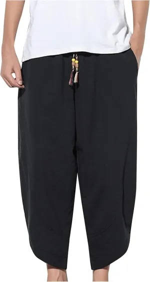 Dudubaby Men Casual Pants Mens Baggy Pants Drawstring Cotton Linen Wide Leg Yoga Pants Solid Color Baggy Pants