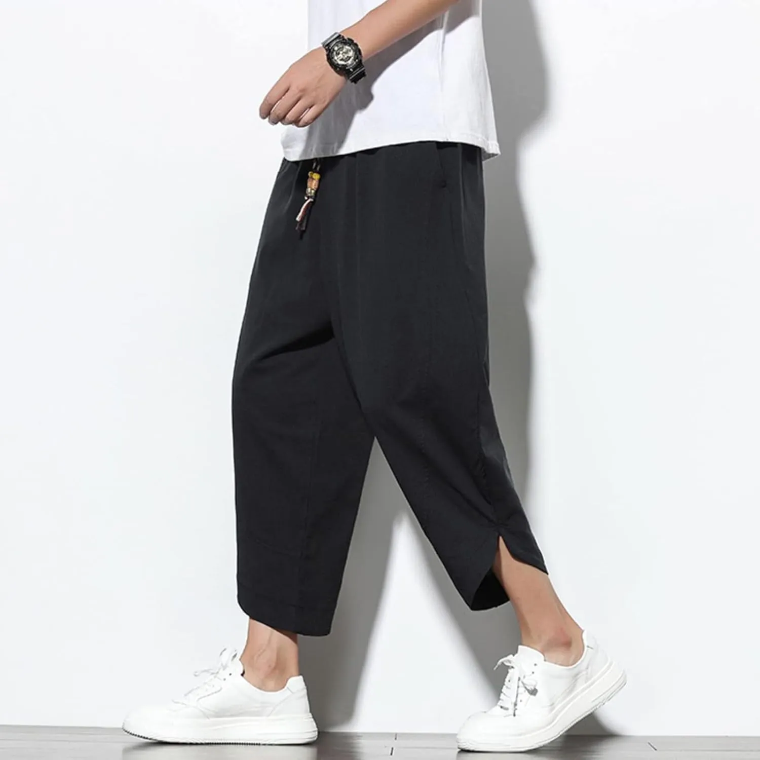 Dudubaby Men Casual Pants Mens Baggy Pants Drawstring Cotton Linen Wide Leg Yoga Pants Solid Color Baggy Pants