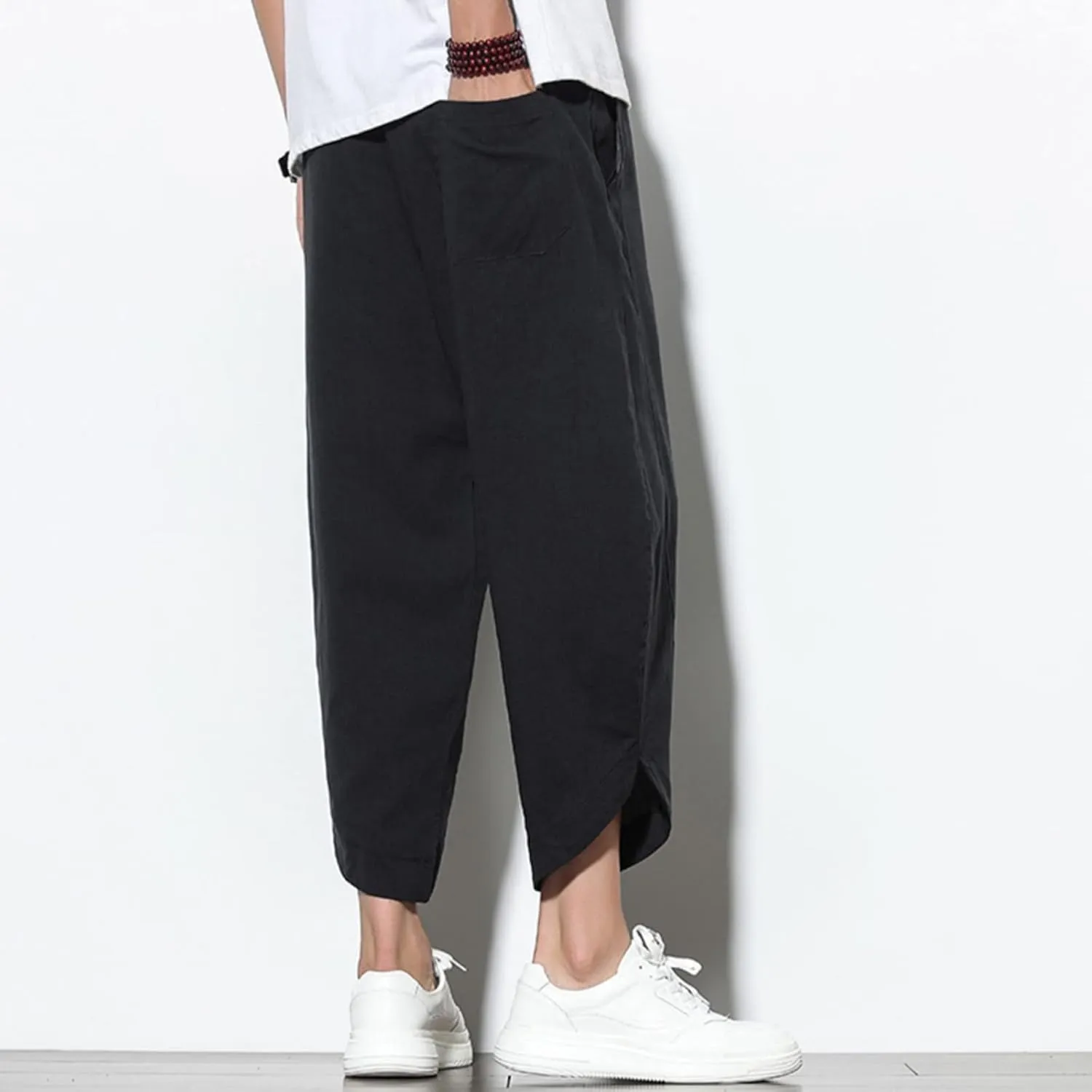 Dudubaby Men Casual Pants Mens Baggy Pants Drawstring Cotton Linen Wide Leg Yoga Pants Solid Color Baggy Pants