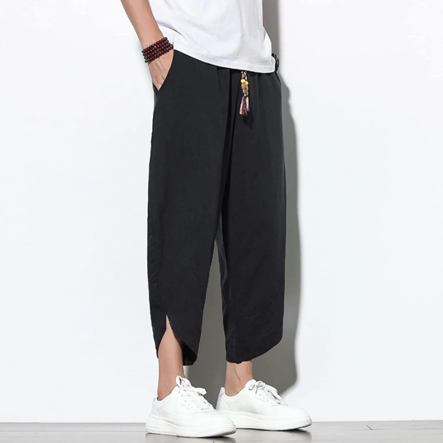 Dudubaby Men Casual Pants Mens Baggy Pants Drawstring Cotton Linen Wide Leg Yoga Pants Solid Color Baggy Pants