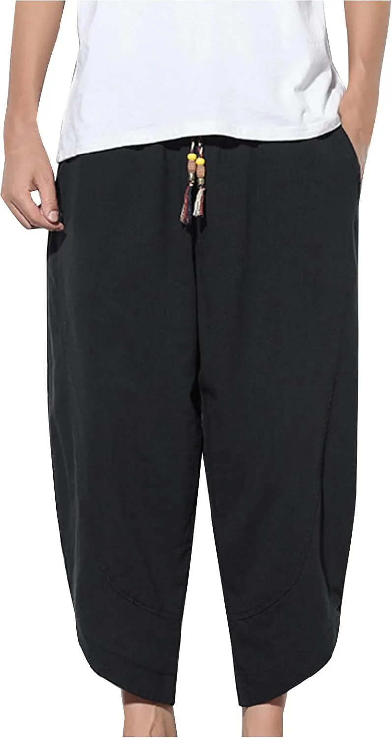 Dudubaby Men Casual Pants Mens Baggy Pants Drawstring Cotton Linen Wide Leg Yoga Pants Solid Color Baggy Pants