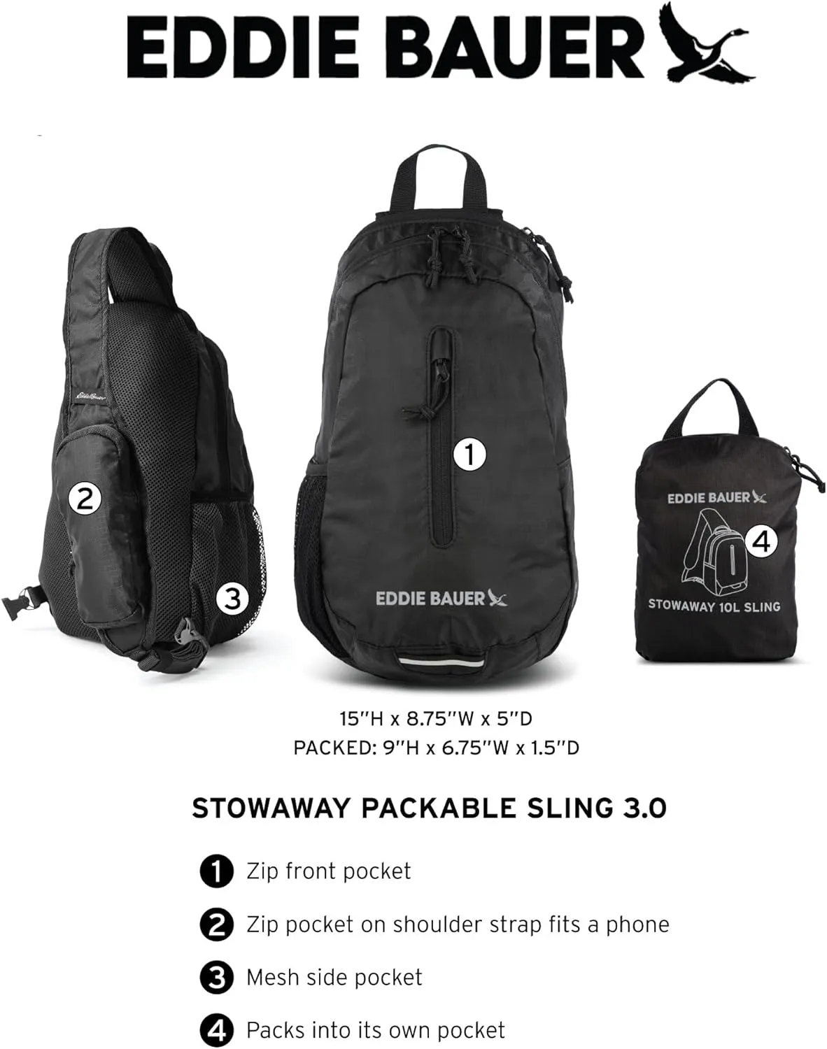 Eddie Bauer Stowaway Packable Sling Bag | Foldable | Travel | Outdoor | Lightweight | Compact | Everyday Carry | Ripstop Nylon | 10L - Dark Loden