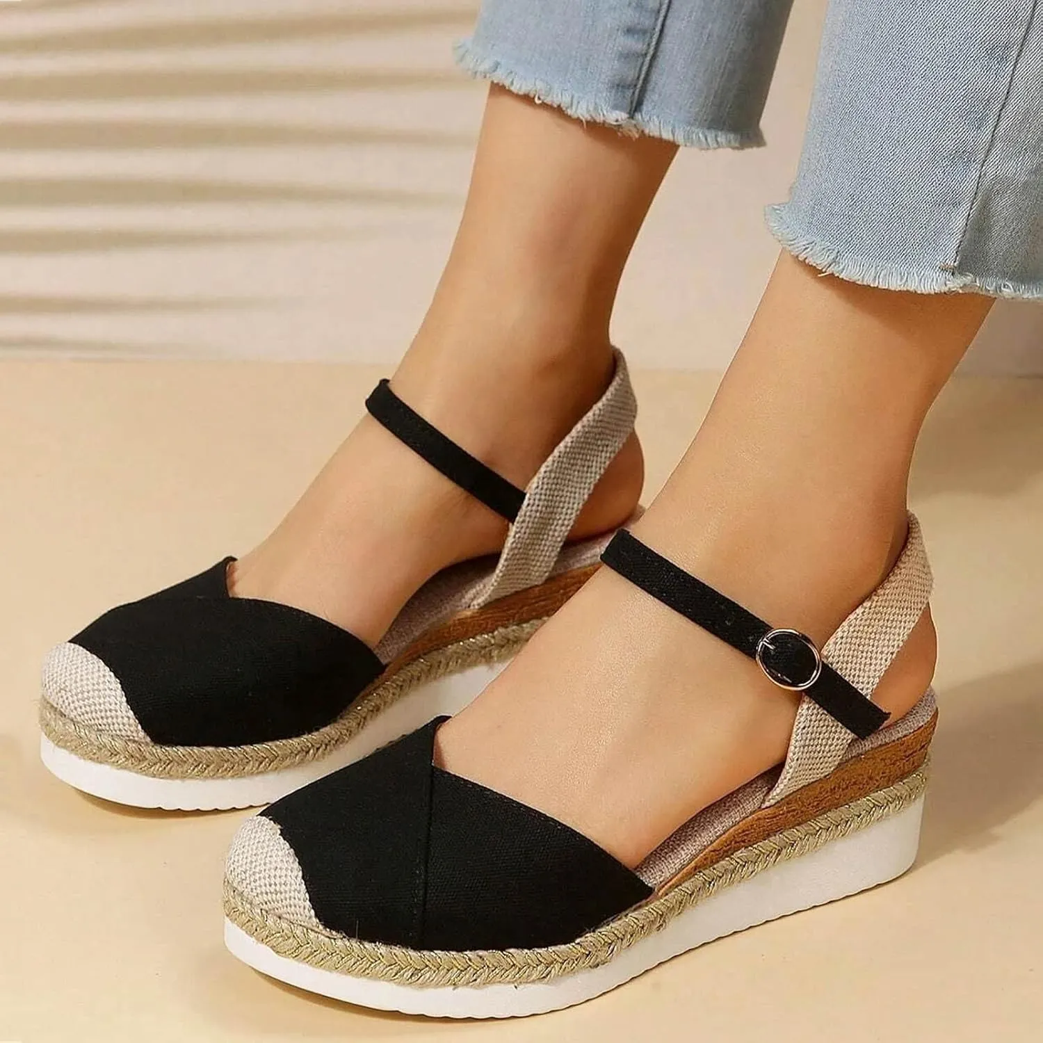 Eduavar Women's Summer Casual Wedge Lace Up Sandals, Black
