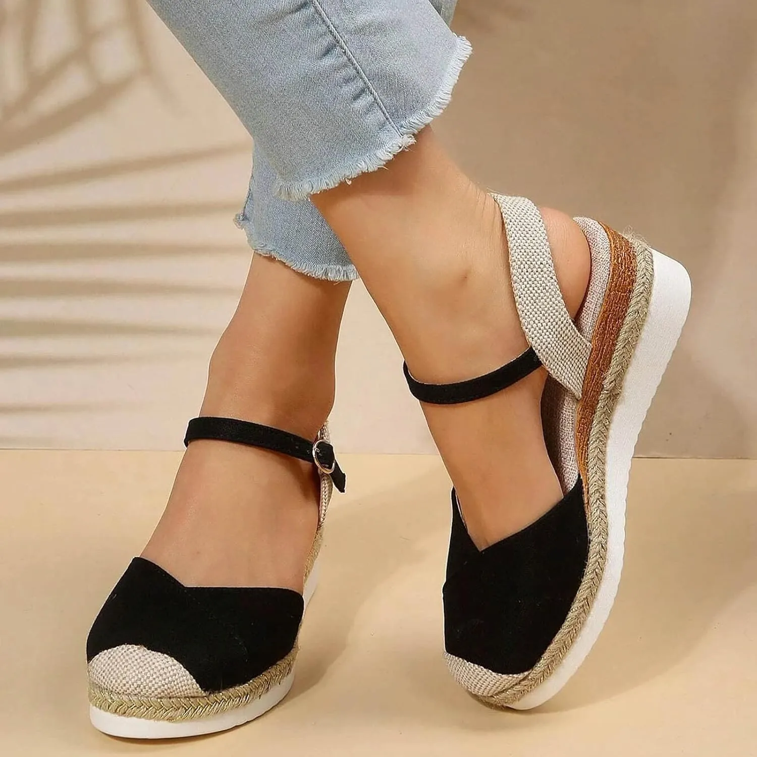 Eduavar Women's Summer Casual Wedge Lace Up Sandals, Black