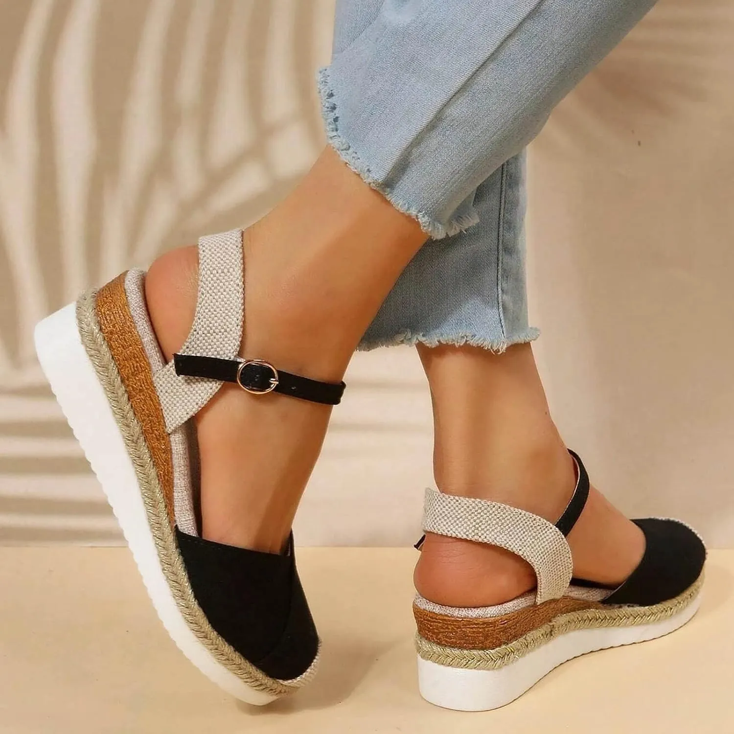 Eduavar Women's Summer Casual Wedge Lace Up Sandals, Black