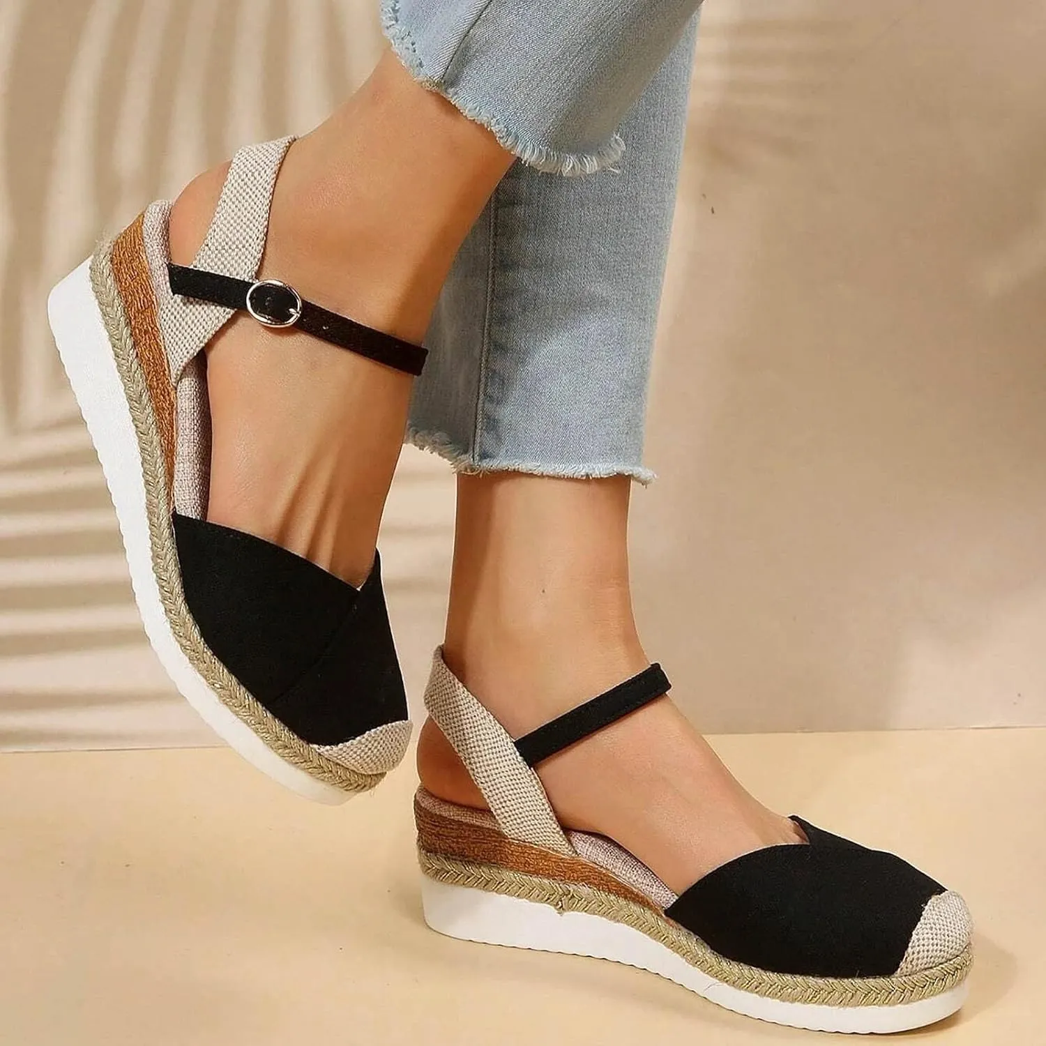 Eduavar Women's Summer Casual Wedge Lace Up Sandals, Black