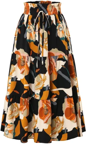 Elastic High Waist Flowy Long Skirts Women Boho Floral Tiered Pleated Summer Casual Beach Maxi Skirt