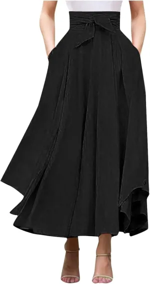 Elegant High Waist Skirt for Women Casual Bohemian Maxi Skirt with Pockets Asymmetrical Hem Skirts for Women Midi