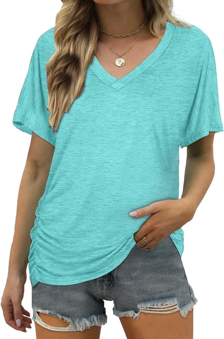 ELIY BASIC Women's Short Sleeve V Neck Pleated T Shirts Summer Loose Fit Basic Tunic with Side Shirring Casual Top Tees