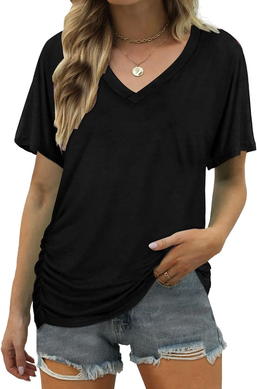 ELIY BASIC Women's Short Sleeve V Neck Pleated T Shirts Summer Loose Fit Basic Tunic with Side Shirring Casual Top Tees