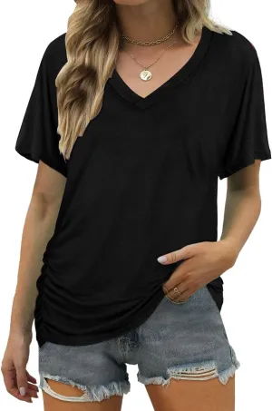 ELIY BASIC Women's Short Sleeve V Neck Pleated T Shirts Summer Loose Fit Basic Tunic with Side Shirring Casual Top Tees