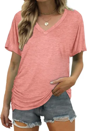 ELIY BASIC Women's Short Sleeve V Neck Pleated T Shirts Summer Loose Fit Basic Tunic with Side Shirring Casual Top Tees