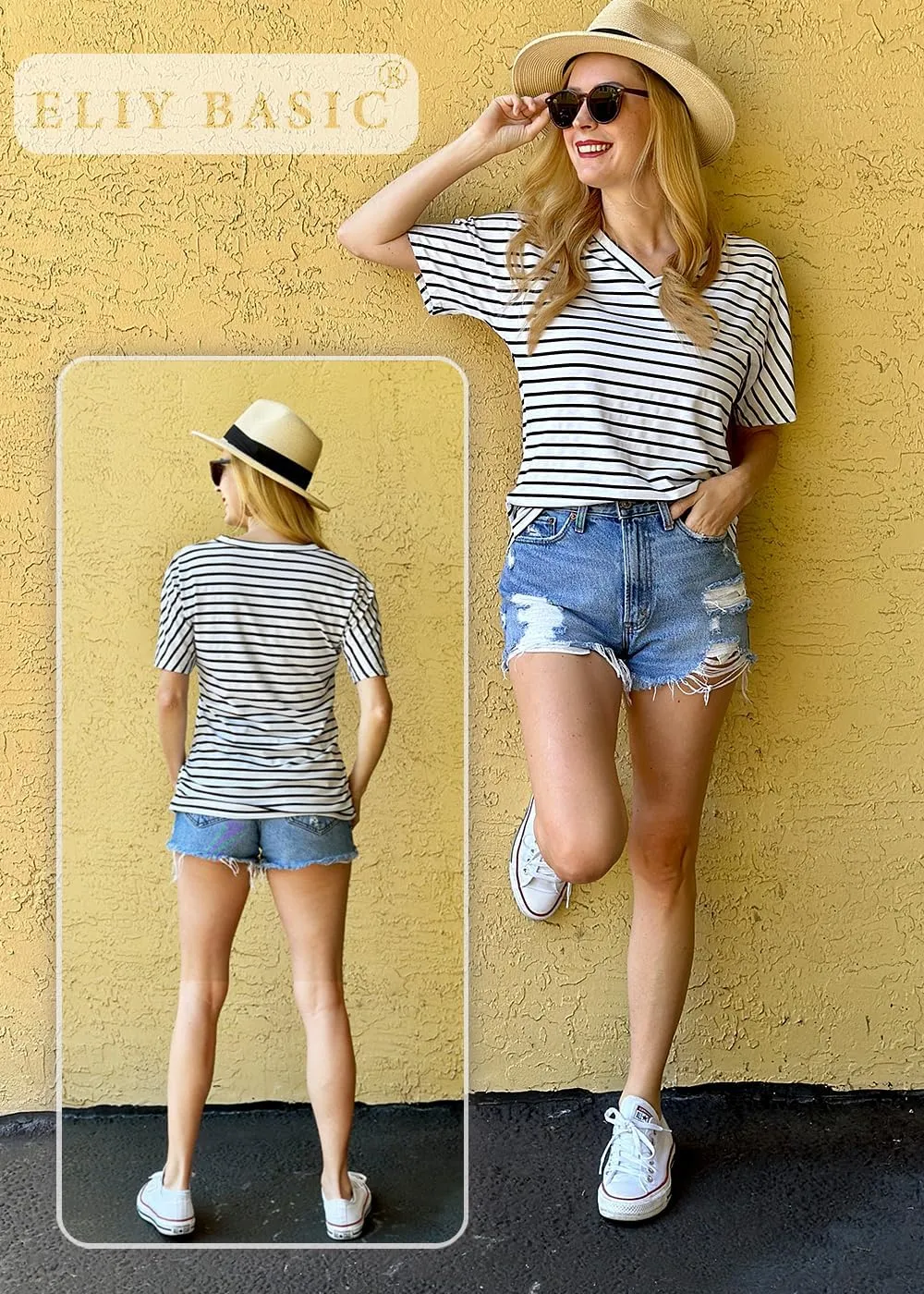 ELIY BASIC Women's Short Sleeve V Neck Pleated T Shirts Summer Loose Fit Basic Tunic with Side Shirring Casual Top Tees