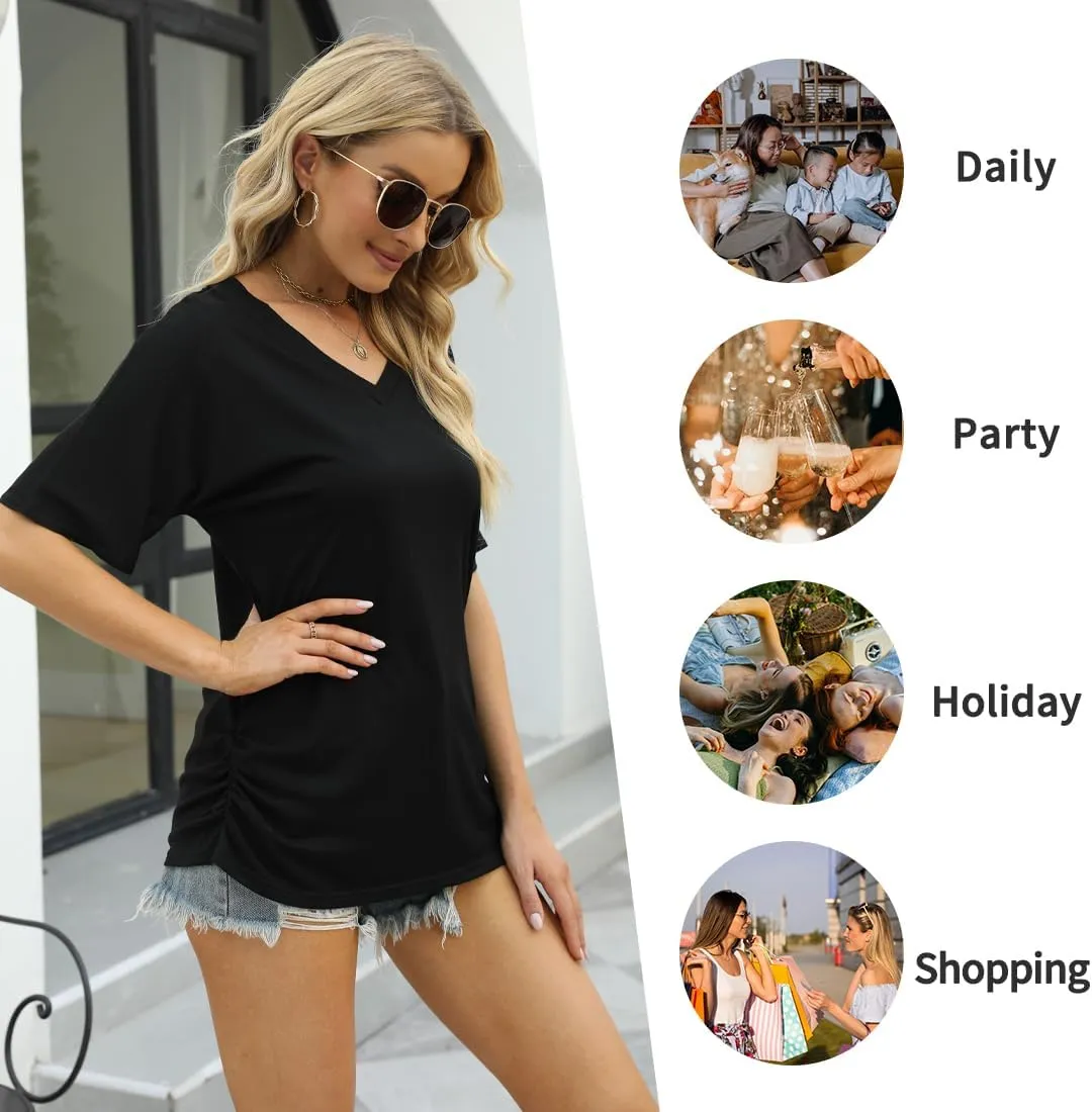 ELIY BASIC Women's Short Sleeve V Neck Pleated T Shirts Summer Loose Fit Basic Tunic with Side Shirring Casual Top Tees