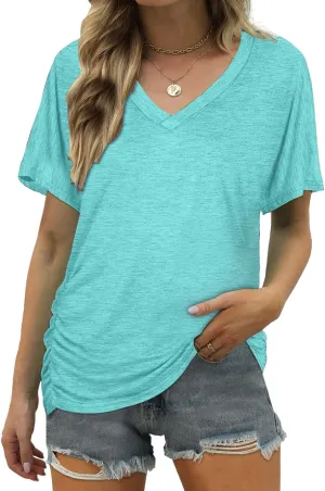 ELIY BASIC Women's Short Sleeve V Neck Pleated T Shirts Summer Loose Fit Basic Tunic with Side Shirring Casual Top Tees