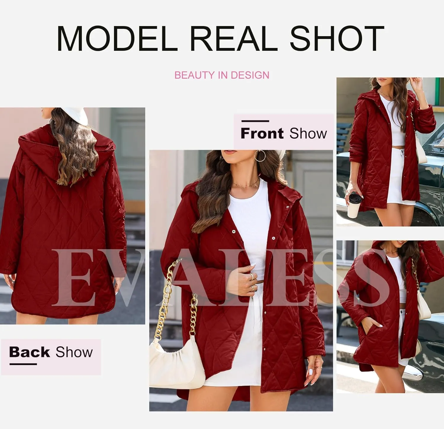 EVALESS Long Jackets for Women Fashion 2024 Winter Coat for Women Business Casual Diamond Quilted Hooded Lightweight Jackets
