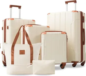 Expandable Hardshell Luggage Set with Wheels, 6-Piece for Family Travel, Lightweight and Durable, White and Brown